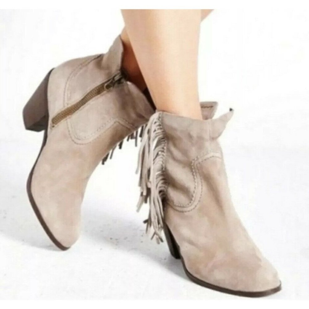 SAM EDELMAN LOUIE Boots Sz 9 Tan Suede Leather Fringe Ankle Booties Stacked Heel - Picture 1 of 11